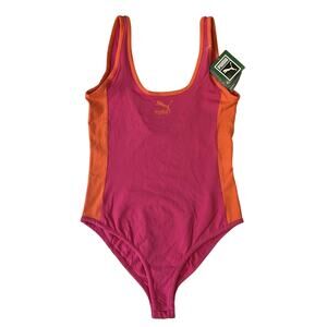 Puma Women Swimwear Size M Pink Orange One Piece Colorblock Snap NWT Tight Fit